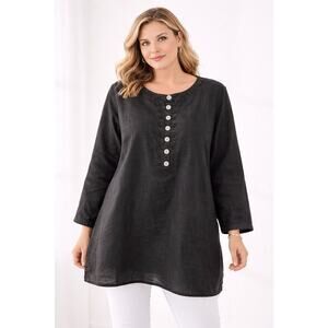 Edward Woman Black 100% Irish Linen Tunic Blouse Top 2X Beaded Embroidered Lux